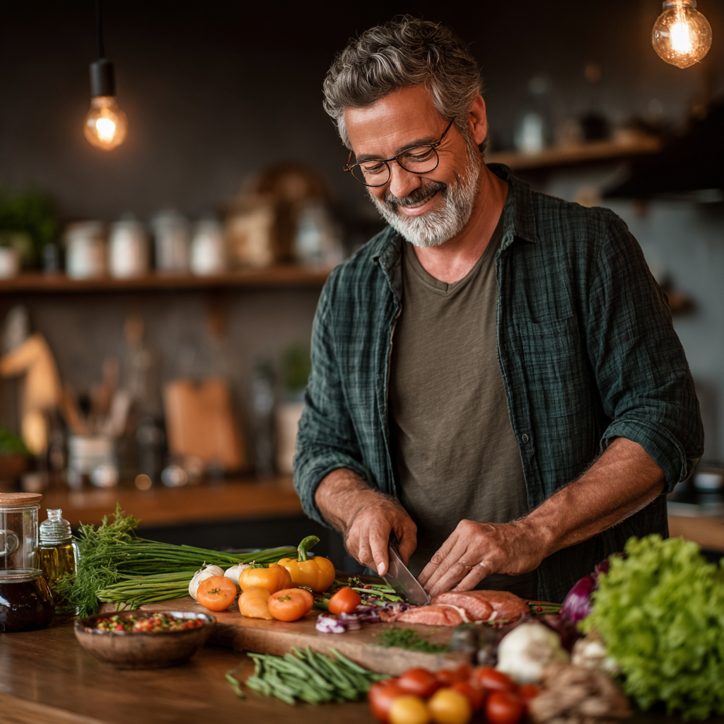 Confident middle-aged man in his early fifties preparing a healthy meal with fresh vegetables and lean proteins in a home kitchen, wearing casual clothes and smiling