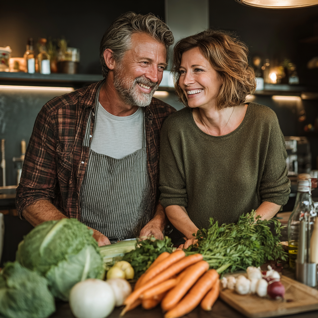 Happy couple in their forties cooking together in a modern kitchen, surrounded by fresh vegetables and healthy ingredients, both smiling and enjoying the process