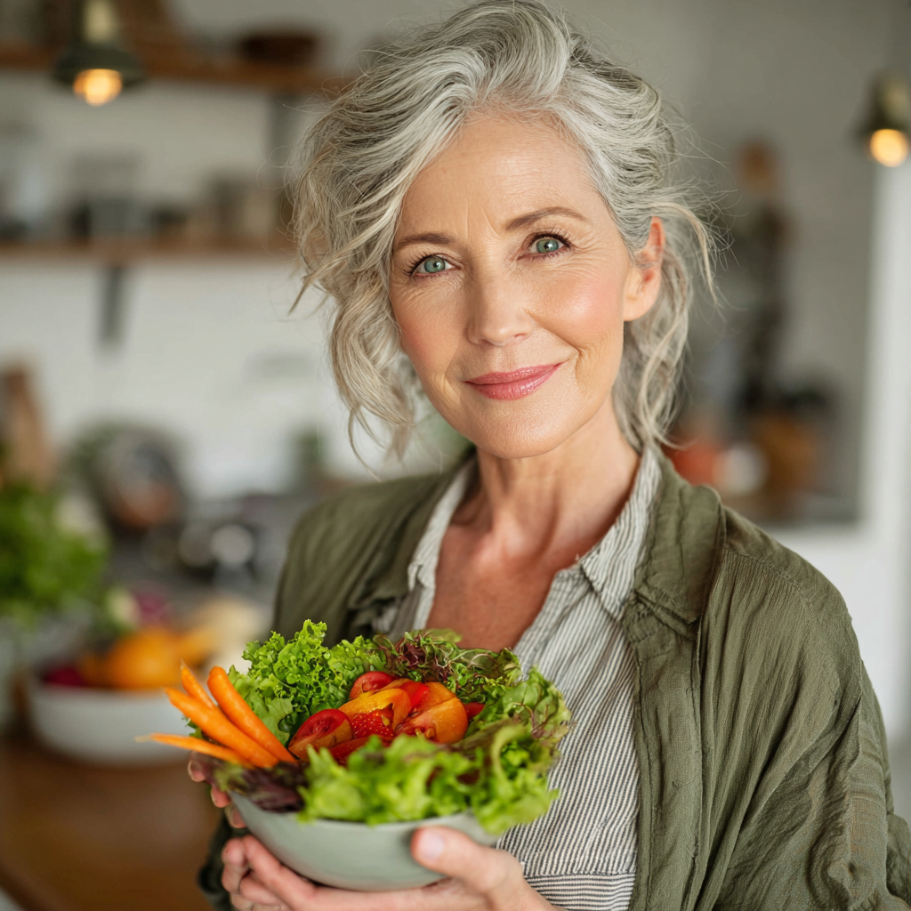 Smiling woman in her late forties holding a colorful bowl of fresh salad and vegetables in a bright modern kitchen, looking satisfied and healthy